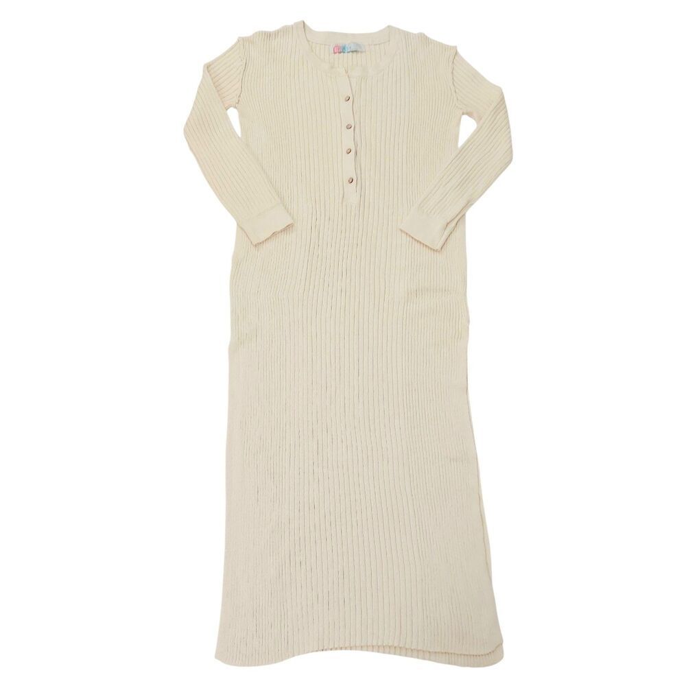 Free People Beach Knit Henley Maxi Dress Womens XS Beige Slits Ribbed Cotton